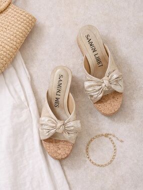 Sam & Libby Metallic Cork Wedge Sandals Bow Slip On Size 9 Summer NWT